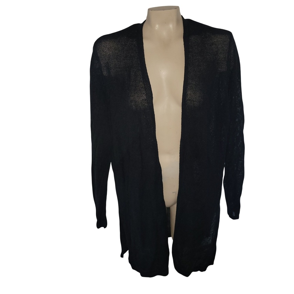 J Jill Black XL Tall Linen Blend Knit Open Front Long Cardigan Sweater momcore